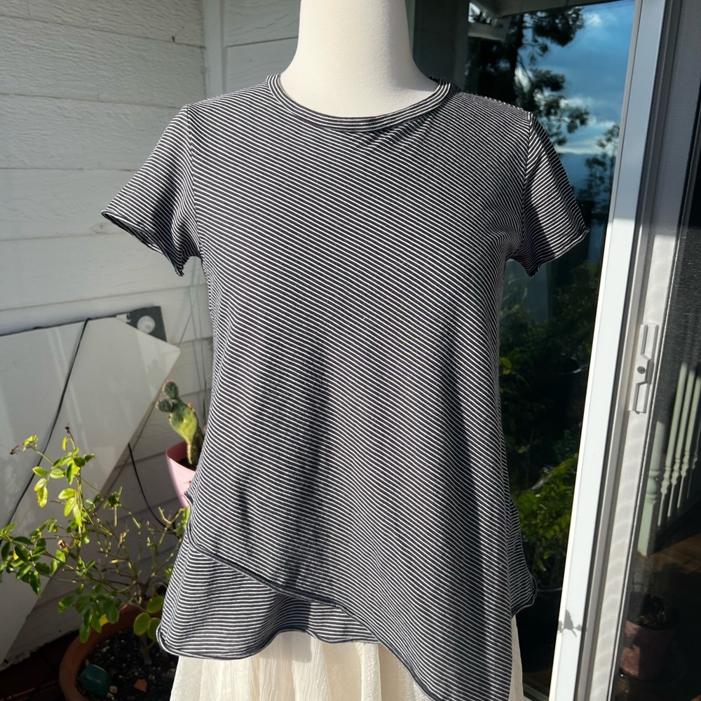 AllSaints Small Black & White Uneven Fine Striped Cotton Wool Silk Blend Top